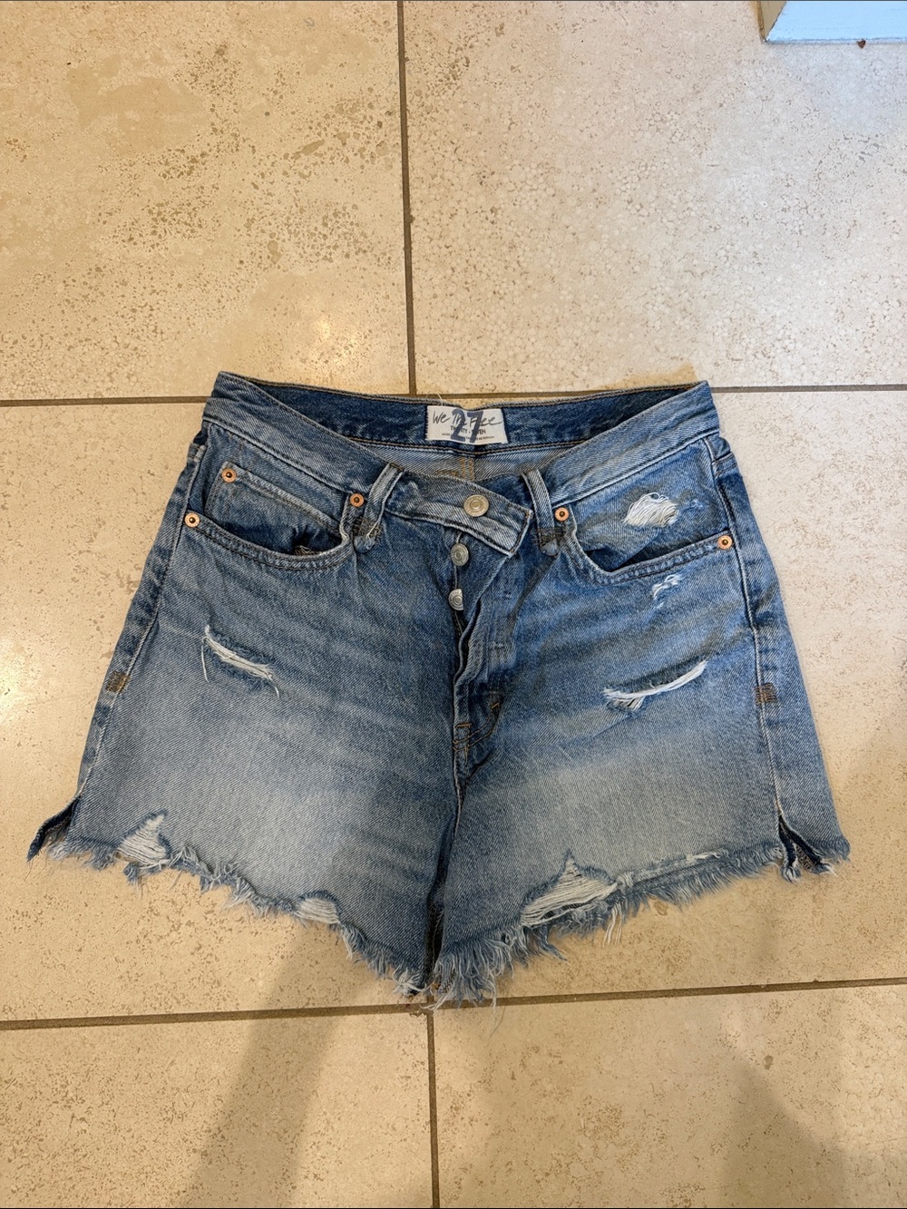 Free People Distressed High-Rise Denim Shorts - Light Blue